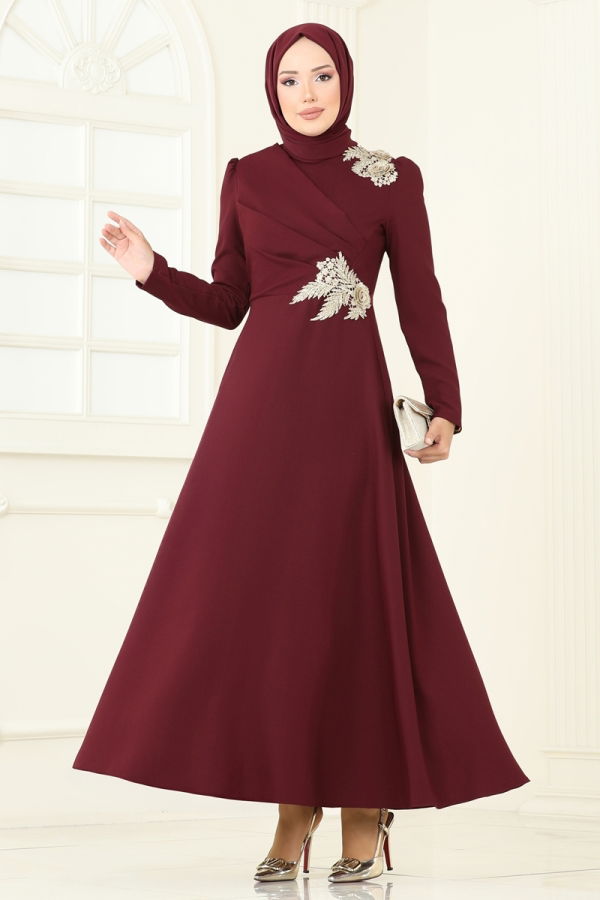 Modaselvim ABİYE Gold Güpürlü Abiye Elbise ASM2812 Bordo