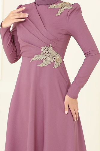 moda selvim Gold Güpürlü Abiye Elbise ASM2812 Gül Kurusu - Thumbnail