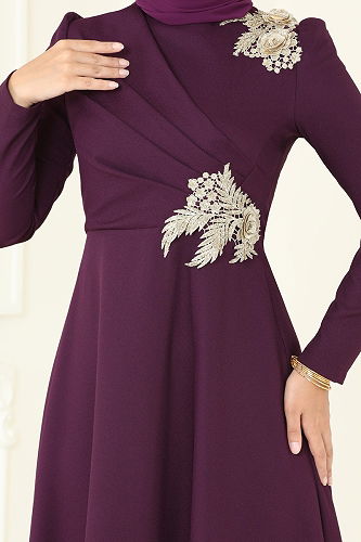 moda selvim Gold Güpürlü Abiye Elbise ASM2812 Mürdüm - Thumbnail