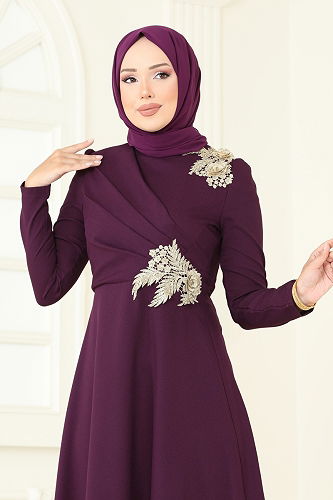 moda selvim Gold Güpürlü Abiye Elbise ASM2812 Mürdüm - Thumbnail