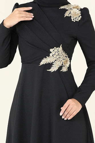 moda selvim Gold Güpürlü Abiye Elbise ASM2812 Siyah - Thumbnail