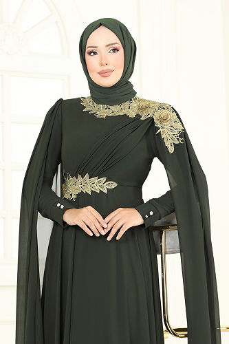 moda selvim Gold Güpürlü Şifon Abiye 8023AB368 Haki - Thumbnail