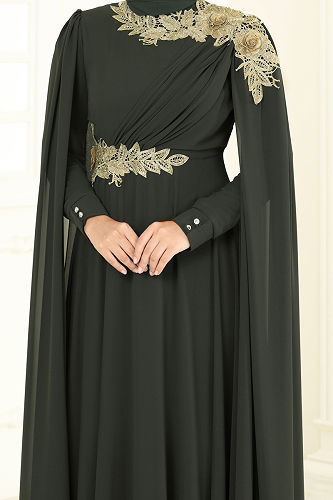 moda selvim Gold Güpürlü Şifon Abiye 8023AB368 Haki - Thumbnail