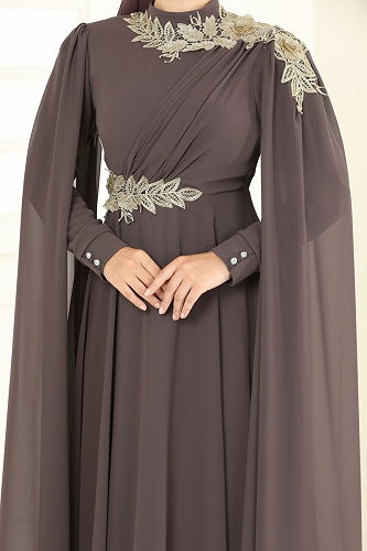 moda selvim Gold Güpürlü Şifon Abiye 8023AB368 Koyu Vizyon - Thumbnail