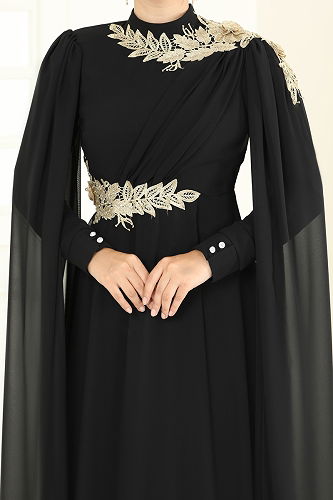 moda selvim Gold Güpürlü Şifon Abiye 8023AB368 Siyah - Thumbnail