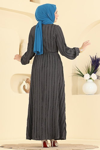 moda selvim Gold Toka Detaylı Elbise 820PM271 Antrasit - Thumbnail