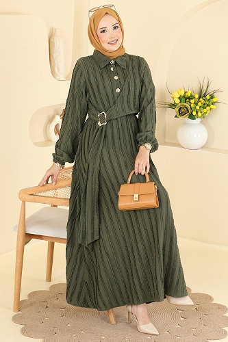 moda selvim Gold Toka Detaylı Elbise 820PM271 Haki - Thumbnail