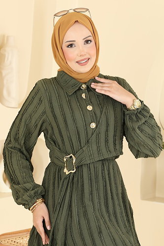 moda selvim Gold Toka Detaylı Elbise 820PM271 Haki - Thumbnail