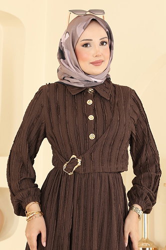 moda selvim Gold Toka Detaylı Elbise 820PM271 Kahve - Thumbnail