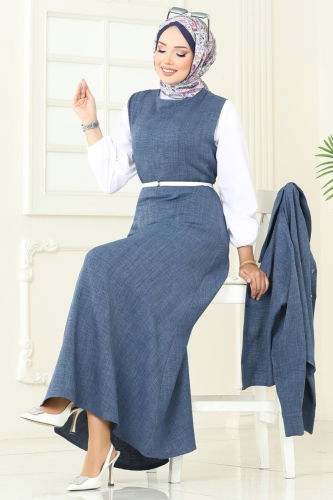 moda selvim Gömlek Detaylı Elbise Takım PL9157 İndigo - Thumbnail