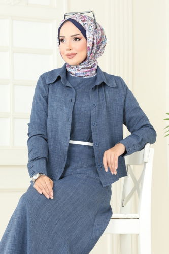 moda selvim Gömlek Detaylı Elbise Takım PL9157 İndigo - Thumbnail