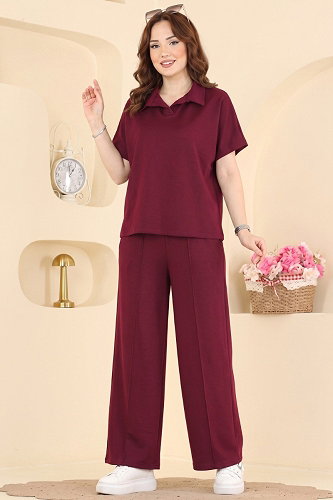 moda selvim Gömlek Yaka 2 li Takım 2809AYD574 Bordo - Thumbnail