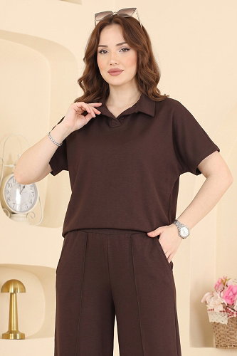 moda selvim Gömlek Yaka 2 li Takım 2809AYD574 Kahve - Thumbnail