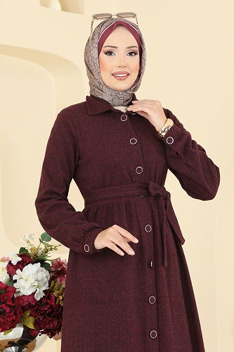 moda selvim Gömlek Yaka Balıksırtı Elbise 24082UKBK1160 Bordo - Thumbnail