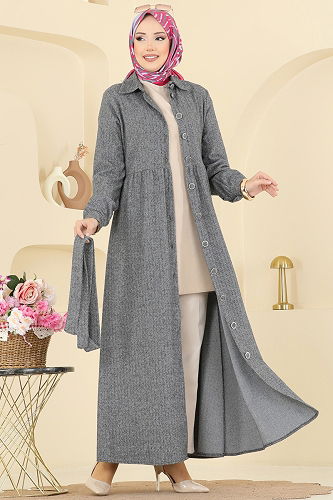 moda selvim Gömlek Yaka Balıksırtı Elbise 24082UKBK1160 Gri - Thumbnail