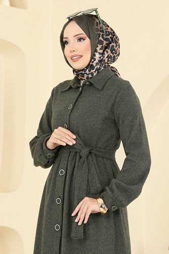 moda selvim Gömlek Yaka Balıksırtı Elbise 24082UKBK1160 Haki - Thumbnail