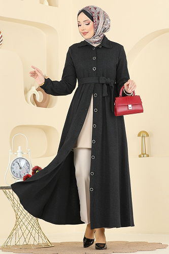 moda selvim Gömlek Yaka Balıksırtı Elbise 24082UKBK1160 Siyah - Thumbnail