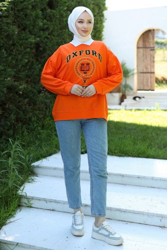 moda selvim Gömlek Yaka Baskılı Sweatshirt 20409ETT926 Oranj - Thumbnail