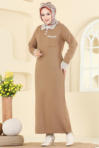 moda selvim Gömlek Yaka Cepli Triko Elbise 4020KLB1050 Bisküvi - Thumbnail
