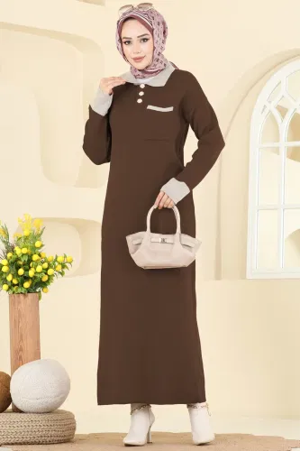 K.L.B. - Gömlek Yaka Cepli Triko Elbise 4020KLB1050 Kahve