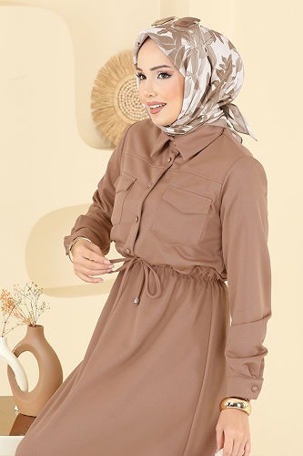 moda selvim Gömlek Yaka Dabıl Elbise 2744SL432 Latte - Thumbnail