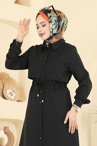 moda selvim Gömlek Yaka Dabıl Elbise PL9199 Siyah - Thumbnail