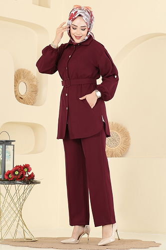 moda selvim Gömlek Yaka Dabıl Takım 2757SL432 Bordo - Thumbnail