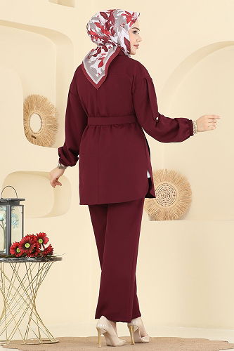 moda selvim Gömlek Yaka Dabıl Takım 2757SL432 Bordo - Thumbnail