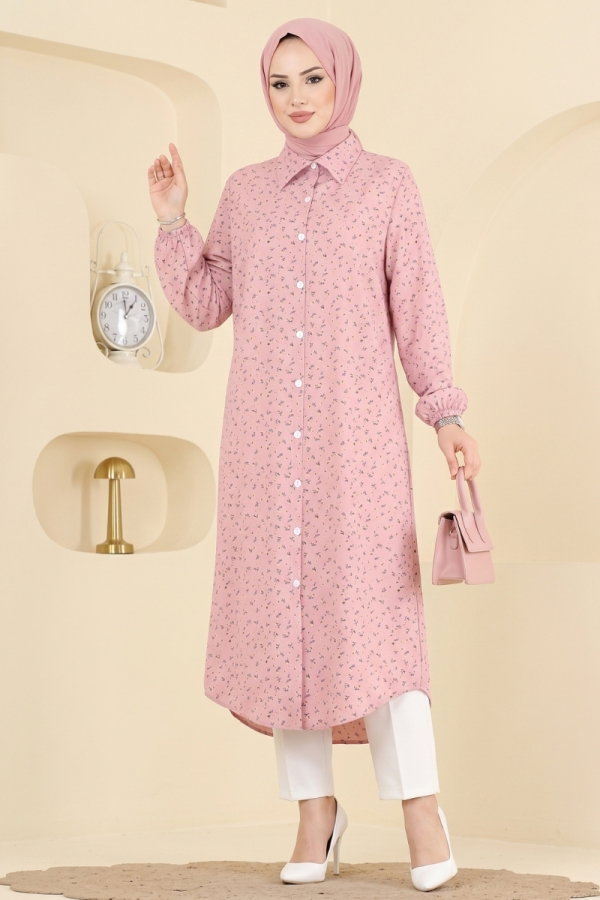 Modaselvim Tunik Gömlek Yaka Desenli Tunik 212NZRK1200 Gül Kurusu