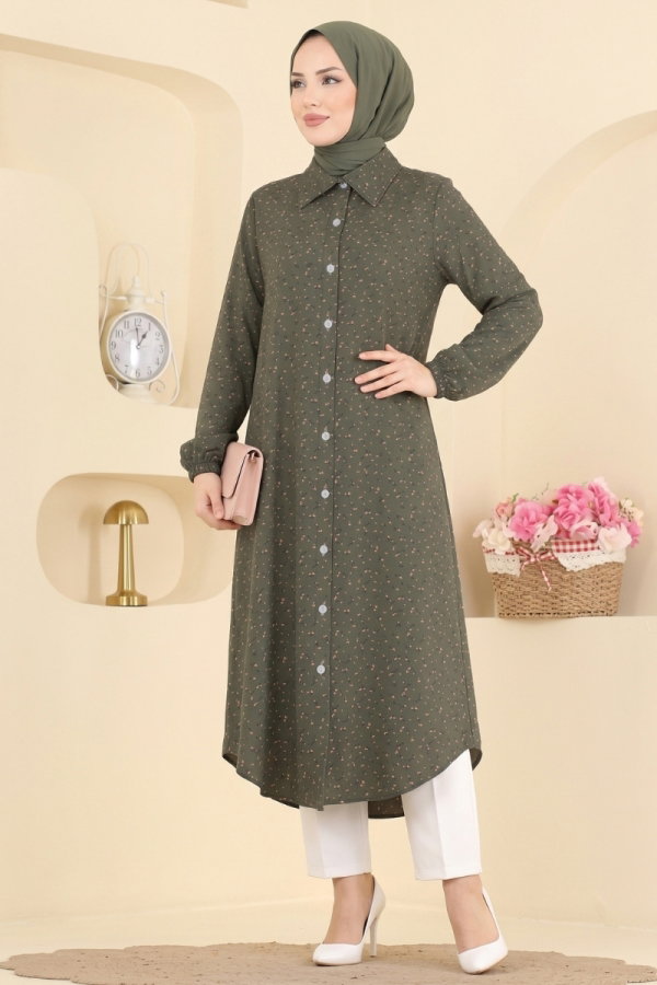 Modaselvim Tunik Gömlek Yaka Desenli Tunik 212NZRK1200 Haki