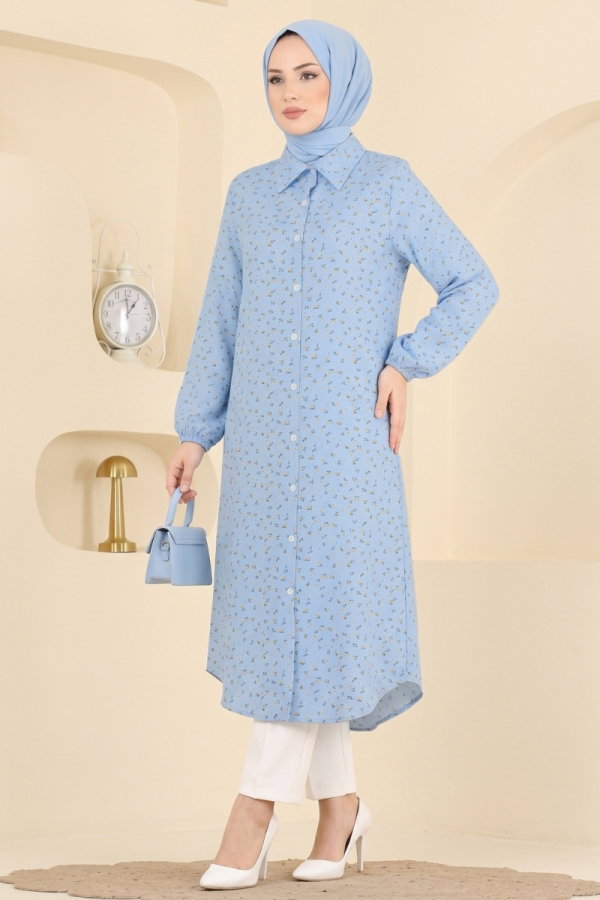 Modaselvim Tunik Gömlek Yaka Desenli Tunik 212NZRK1200 Mavi
