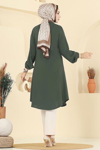 moda selvim Gömlek Yaka Detaylı Tunik 2001ERK1158 Haki - Thumbnail