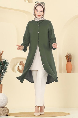 moda selvim Gömlek Yaka Detaylı Tunik 2001ERK1158 Haki - Thumbnail