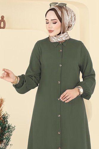 moda selvim Gömlek Yaka Detaylı Tunik 2001ERK1158 Haki - Thumbnail