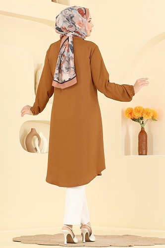 moda selvim Gömlek Yaka Detaylı Tunik 2001ERK1158 Hardal - Thumbnail