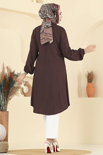 moda selvim Gömlek Yaka Detaylı Tunik 2001ERK1158 Kahve - Thumbnail