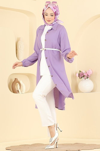 moda selvim Gömlek Yaka Detaylı Tunik 2001ERK1158 Lila - Thumbnail