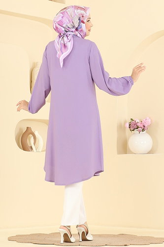 moda selvim Gömlek Yaka Detaylı Tunik 2001ERK1158 Lila - Thumbnail