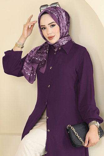 moda selvim Gömlek Yaka Detaylı Tunik 2001ERK1158 Mor - Thumbnail