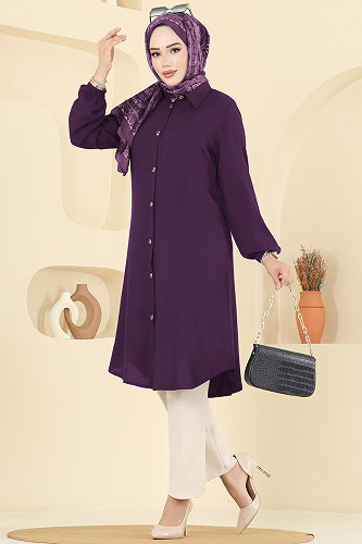 moda selvim Gömlek Yaka Detaylı Tunik 2001ERK1158 Mor - Thumbnail