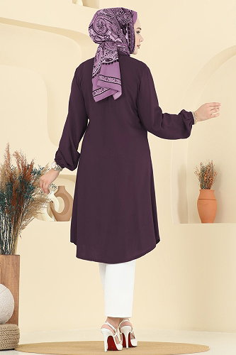 moda selvim Gömlek Yaka Detaylı Tunik 2001ERK1158 Mürdüm - Thumbnail