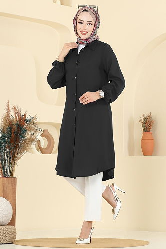 moda selvim Gömlek Yaka Detaylı Tunik 2001ERK1158 Siyah - Thumbnail