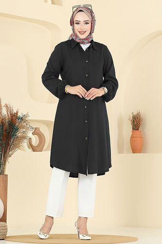 moda selvim Gömlek Yaka Detaylı Tunik 2001ERK1158 Siyah - Thumbnail