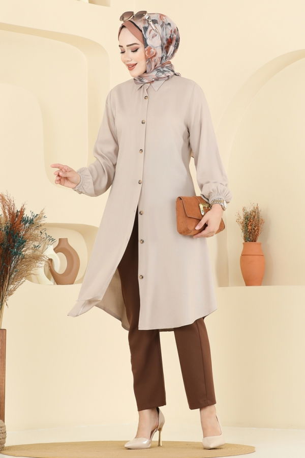 Modaselvim Tunik Gömlek Yaka Detaylı Tunik 2001ERK1158 Taş