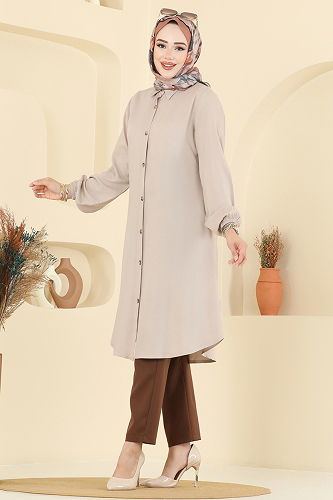 moda selvim Gömlek Yaka Detaylı Tunik 2001ERK1158 Taş - Thumbnail