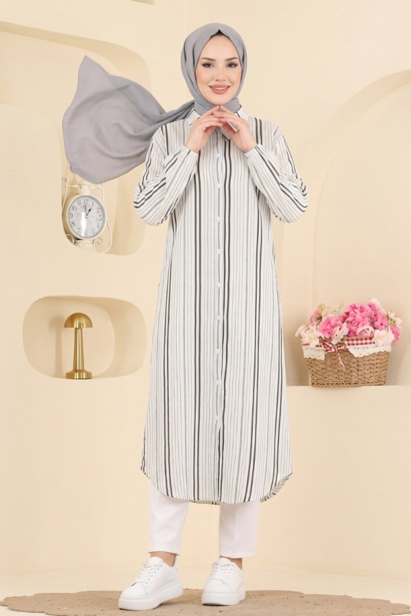 Modaselvim Tunik Gömlek Yaka Dokuma Tunik 196NZRK1200 Gri