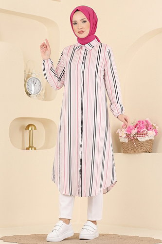 moda selvim Gömlek Yaka Dokuma Tunik 196NZRK1200 Laci&Pembe - Thumbnail