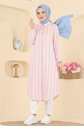 moda selvim Gömlek Yaka Dokuma Tunik 196NZRK1200 Pembe - Thumbnail