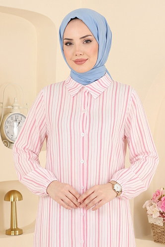 moda selvim Gömlek Yaka Dokuma Tunik 196NZRK1200 Pembe - Thumbnail