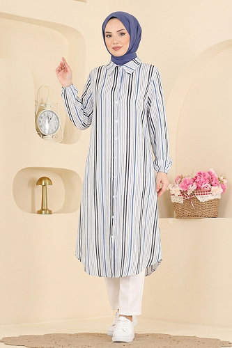 moda selvim Gömlek Yaka Dokuma Tunik 196NZRK1200 Saks - Thumbnail